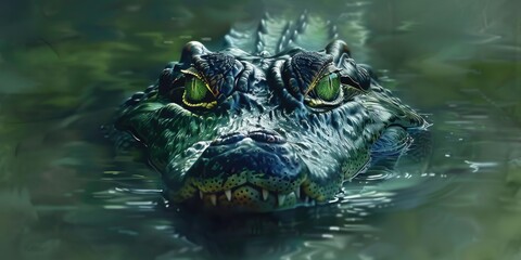 Wall Mural - The hungry gaze of a crocodile hidden beneath the water's surface.