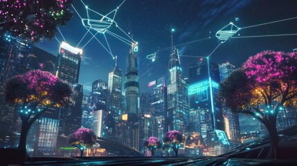 Wall Mural - Cyberpunk Cityscape with Neon Lights and Digital Connections