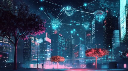 Canvas Print - Cyberpunk Cityscape with Futuristic Drones and a Network of Lights