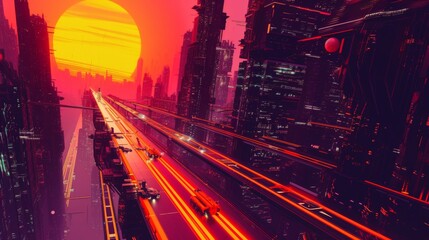 A dynamic cyberpunk highway scene set in a futuristic city at sunset. The image captures flying cars speeding through neon-lit streets, surrounded by dark, towering skyscrapers under an enormous sun