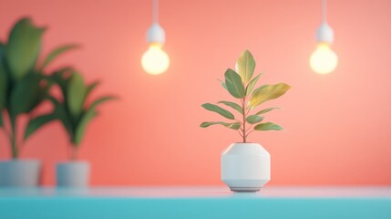 A white vase with a plant in it sits on a table in front of two light bulbs.