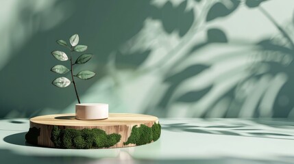 Wall Mural - Premium natural eco cosmetic product display on wooden podium with moss and leaf shadow on green background.