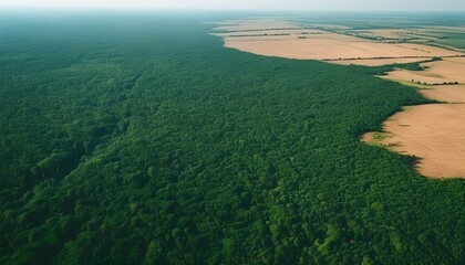 Contrasting landscapes of vibrant green forest meeting arid brown fields from above