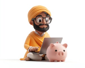 3D rendering of Qadir, male figure, sitting on a piggy bank with laptop notebook, isolated on white background, 3D people collection, savings and investment concept