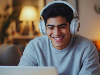 Sticker - Happy Young Man Smiling While Wearing Headphones and Using Laptop