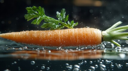 Fresh Carrot Floating in Water with Bubbles