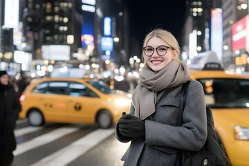 Smiling Woman in Warm Clothing on City Street at Night