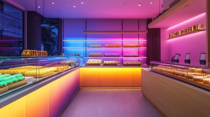 Bakery interior with colorful lights and pastries