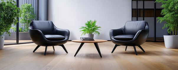 Modern living room featuring two black armchairs, a round wooden table, potted plants, and natural light from large windows.