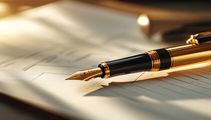 Sunlit office scene featuring a golden pen on a document, embodying productivity, organization, and a professional atmosphere