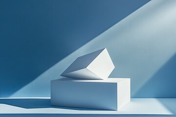 Wall Mural - Minimalistic white geometric shapes illuminated by soft blue light create a serene and modern aesthetic for creative projects.