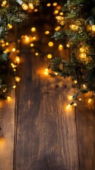 Wall Mural - warm, festive lights illuminate a rustic wooden background, perfect for holiday-themed projects and 