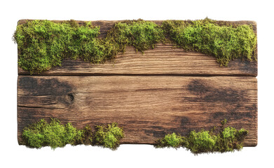 Old wood board with green moss isolated on transparent background