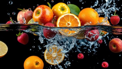 Falling fruit, fruits with water drops, falling water, apples with black isolated, fruit and berries