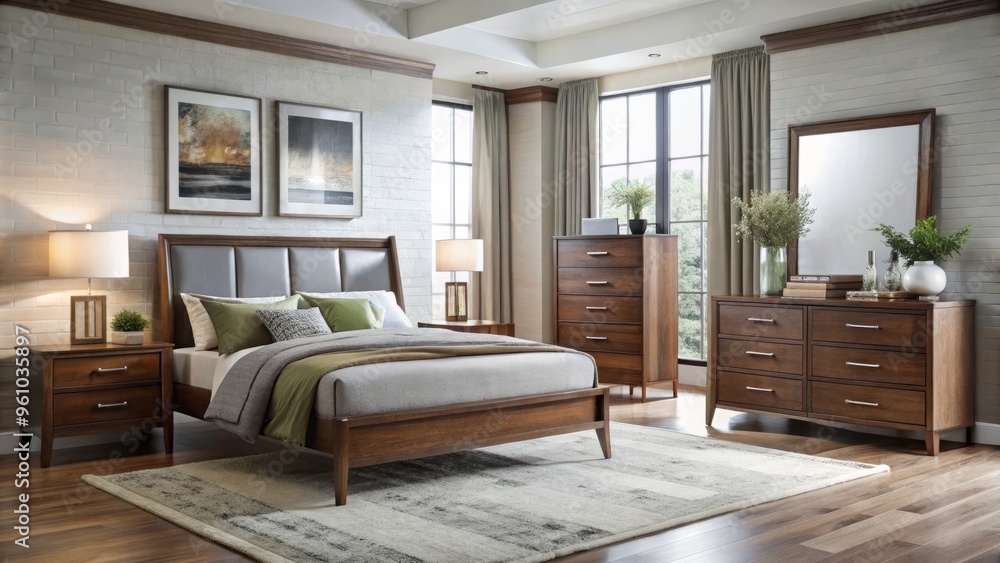 Modern bedroom furniture set featuring a bed, dresser, nightstands, and ...