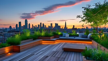 Wall Mural - Serene urban rooftop oasis featuring a wooden deck, inviting seating, and lush greenery framed by a dusky city skyline.