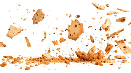 Wall Mural - Pile cake crumbs, chocolate cookie pieces flying isolated on transparent white background, clipping path