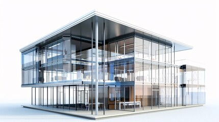 3D model of a modern office building with glass walls and sleek design