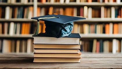 Academic Triumph: Graduation Cap on Stacked Books in a Minimalistic Setting