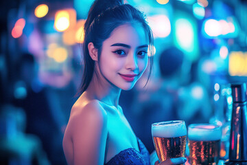 Young Asian woman in a dark blue dress, with high ponytail hairstyle, enjoying a beer and smiling in a vibrant bar with a blurred nightclub background and ample copy space on the right.