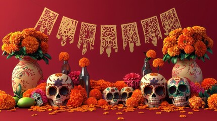 Day of the Dead Altar with Sugar Skulls and Marigolds.