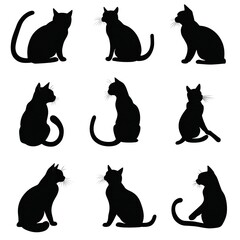 Poster - Diverse Silhouettes of Cats in Different Poses on White Background