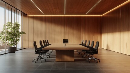 Wall Mural - Front view of empty modern conference room with office desk and chairs, wooden walls and floor. 3D Rendering