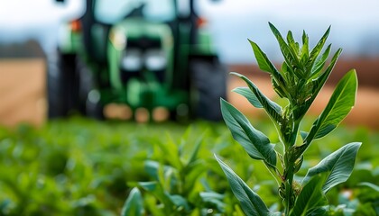 Lush green plant in a vibrant field with a tractor silhouetted against the landscape