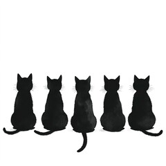 Poster - a series of cat silhouettes with a black tail sits in a row on white background 