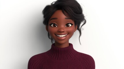 3D character close up portrait of a happy black woman in a maroon sweater, with a warm smile and twinkling eyes, on a white backdrop, cartoon style, in the style of 3D design