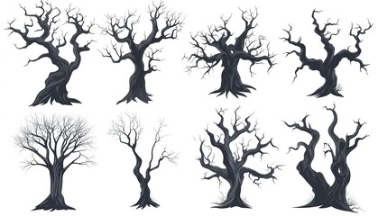 Poster - Haunted trees vector cartoon illustration. Collection of eerie, bare, and twisted scary tree in black and white. 