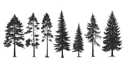 Poster - A Pine tree silhouette. Evergreen forest firs and spruces black shapes. Vector illustration of woodland tree set on a white background design. 