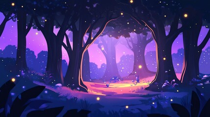 Poster - Enchanted forest glen with towering trees, magical creatures, and sparkling fireflies. Vector flat minimalistic isolated illustration. 