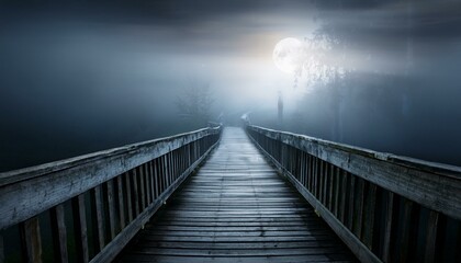 Horror ghost scary wooden bridge with fog and light moonlight effect, halloween mystery dark