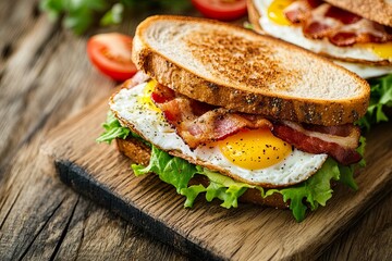 A delicious sandwich featuring bacon, egg, and lettuce on toasted bread, served on a wooden board.