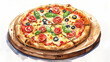 © Thinnawat - Illustration of a vegetable pizza with tomatoes, olives, and basil on a wooden board.