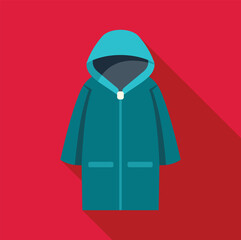 Canvas Print - Blue raincoat protecting from rain with hood up flat design icon on a red background