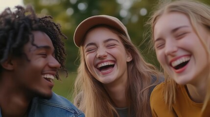 Group of friends laughing together after a playful accident, focus on their joyful expressions, vibrant, overlay, park backdrop