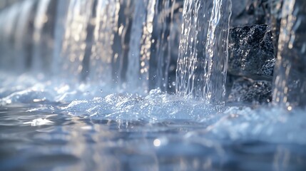 Wall Mural - A close-up shot capturing the mesmerizing flow of water cascading over rocks. The detailed texture of the water and the soft bokeh effect in the background add depth, creating a tranquil and