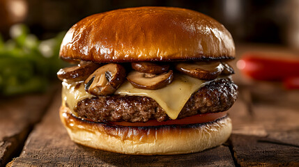 mushroom Swiss burger with a tender beef patty, earthy mushrooms, and creamy Swiss cheese on a warm bun