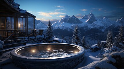 Poster - Luxurious jacuzzi in a winter mountain hotel overlooking a forested and snowy mountain landscape.  