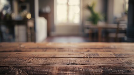 Poster - Wooden table top in stylish minimal interior with blurred background.