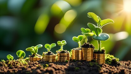 Flourishing investment concept with money plant thriving under sunlight in a natural setting, symbolizing business finance and economic growth