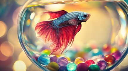 A Betta fish swimming in a bowl with colored marbles at the bottom, creating a playful and vibrant aquatic scene