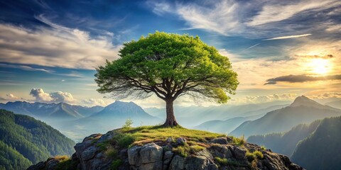 a lone tree standing majestically atop a mountain