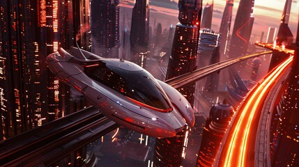 3D model of a futuristic vehicle speeding through a cityscape