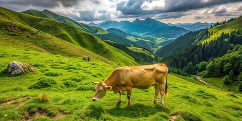 Wall Mural - A yellow cow grazing in green mountainous area