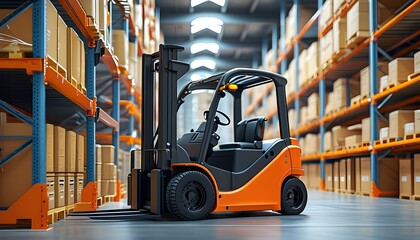 Futuristic warehouse showcasing automated forklifts and advanced digital inventory management technology