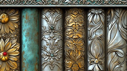 Poster - Intricate metalwork with floral patterns in silver, gold and turquoise.