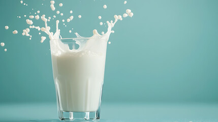 Milk splashing gently from a glass, with a delicate motion that creates a serene feeling against a soft blue background